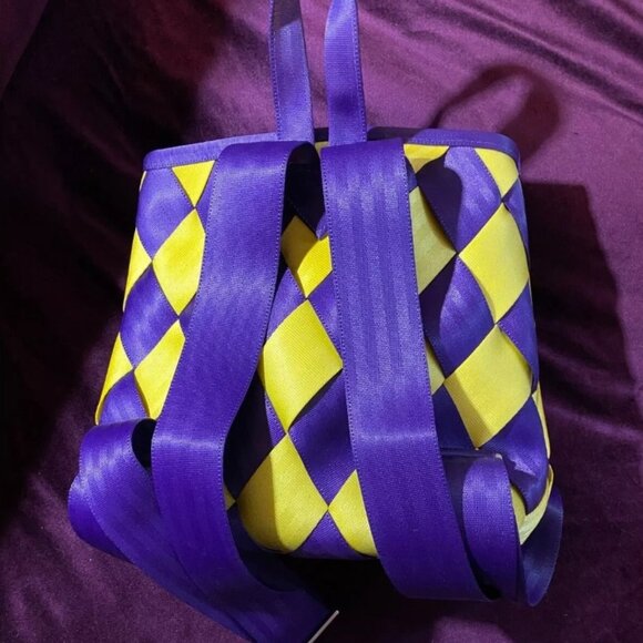 Maggie Bags Seatbelt Backpack Purse Lakers Purple Yellow Preowned - Picture 2 of 5